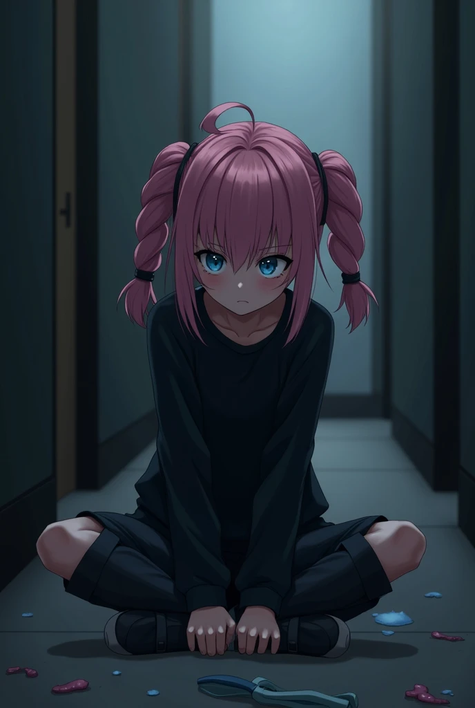  sitting alone on the floor 、 picture a girl with her head down and crying。The surroundings are dark 、She feels lonely。 she is wearing a black sweatshirt 、 sitting with her head down on the floor 。, girl with pink hair 、 blue eyes、 twin drill