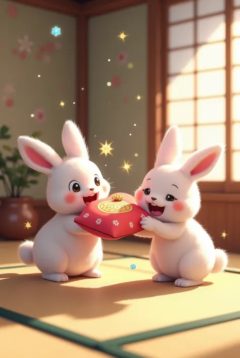 枕を投げ合う　Rabbit　2 birds　happiness　Tatami room　masterpiece　 best quality　 high quality　High sense　 Premium 　flower　Gorgeous　 diamond particles throwing pillows at each other