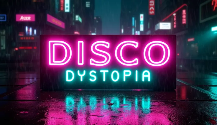 Ultra-close-up of a neon sign that reads DISCO DYSTOPIA, centered in the frame, glowing brightly in sharp magenta, cyan, and green hues. The sign flickers slightly, as if alive with energy, set against the dark backdrop of a futuristic, rain-soaked city. T...