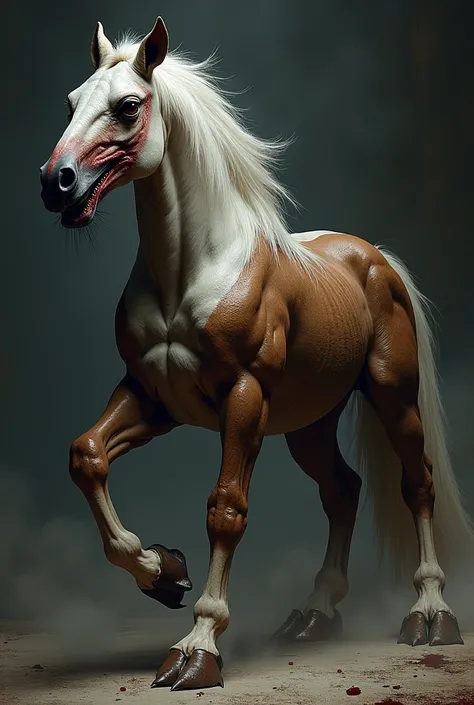 Create a fusion image of a macabre hawk and a macabre horse and lots of muscles