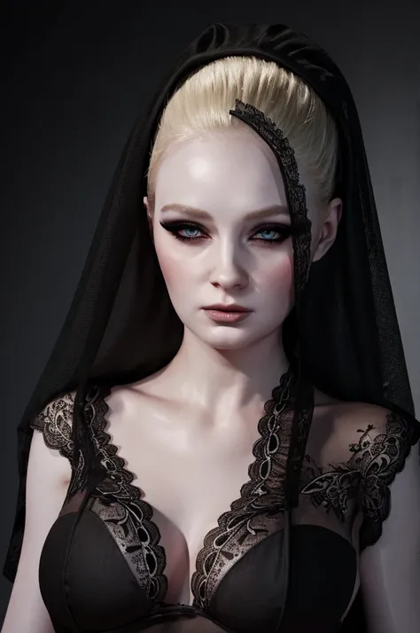 a woman pretty, blonde, slicked back ,black  lace dress, blonde hair , big breast,, pale skin , eyeliner ,foxy eyeliner , makeup ,pale woman painting, beautiful light deep focus, elegant, digital painting, smooth, dramatic lighting , 8k, art ,black backgro...