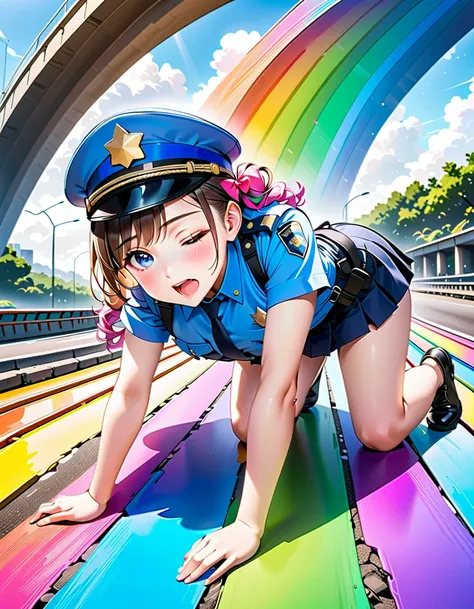 (( lying on the road with a bridge painted in rainbow colors:1.5、 lie face down :1.5、Crawling:1.5)、((Girl:1.5)))、((whole body, From below, side view)),　 best quality、 high definition 、 detailed background、 beautiful face down to the smallest detail、 is ana...