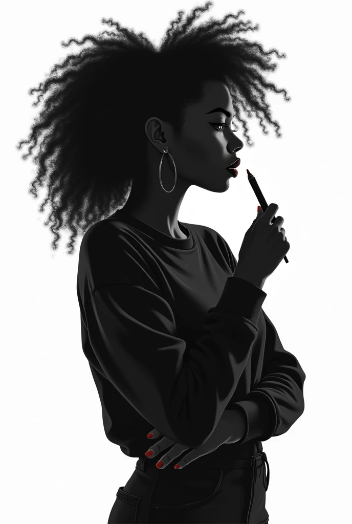 1 femme antillaise, cheveux frisés crinière lionne mi-longs, tourne le dos, pull noir, elle tient dans la main un crayon et dessine, dans un style illustration, effets speciaux silhouette, noir et blanc