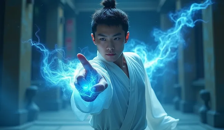 (cinematic), (artwork), (masterpiece), (best quality), Raw, 8K, masterpiece, photography, Hanfu, extremely sharp focus, intricate details, a stunning young man in practicing martial art, The index finger pointed forward, the tip of the finger seemed to emi...