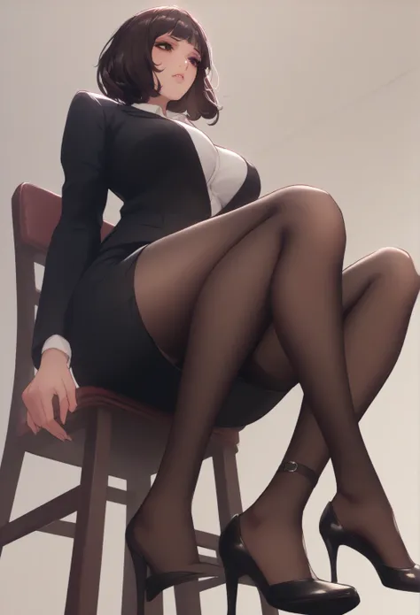 ((( best quality))、(Finish)、(More information) A beautiful mature woman with a perfect face 、The hair is brown medium hair、 one length、one-length cut / blunt cut、Sitting on a chair at work、 looking down、Manga style illustration、Office Style、 business suit、...