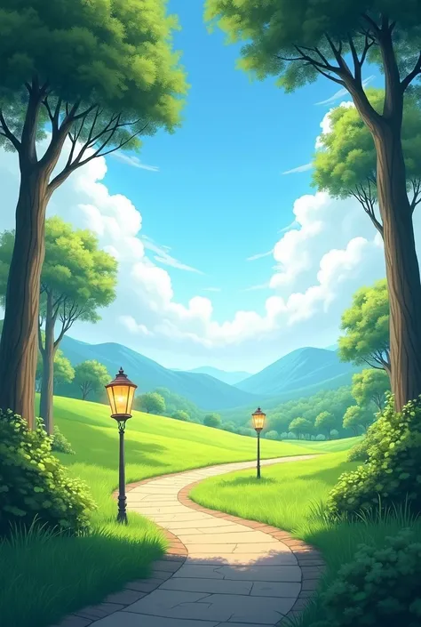 Can you create a background with green grass and a path that runs through it? Add some lamps around the path? Add a blue sky with little clouds and some threes. Thank you.