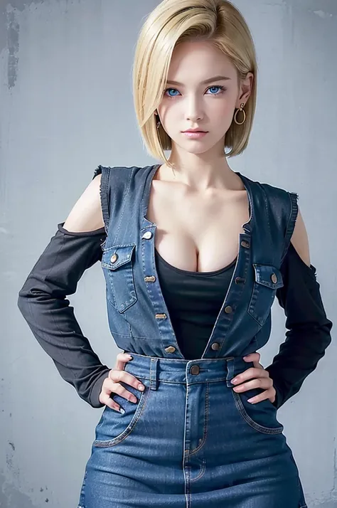  best quality,  high definition , And 18,  1 girl has ,  android 18, Alone,  blonde hair ,  blue eyes,  Short Hair ,  earrings for a woman alone,  jewelry, Denim dress,  open vests,  black pantyhose ,  black shirt ,  denim skirt, Striped long sleeves,  blu...