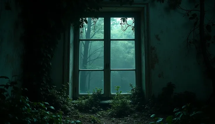 a window,  covered with woods , peeling walls ,  dark shadows of trees at night 