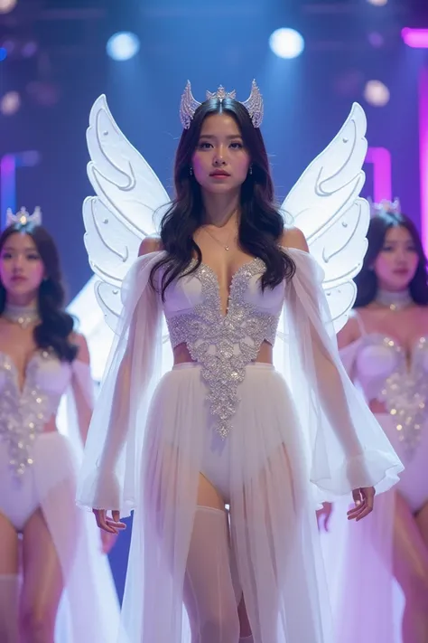 Black female kpop idol on a stage with an angelic white costume performing in a group