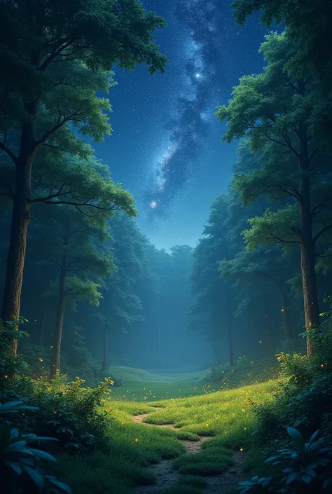 A peaceful clearing in a dense forest under a clear, star-filled night sky. Fireflies glow softly, and the Milky Way stretches across the heavens, adding a magical touch.