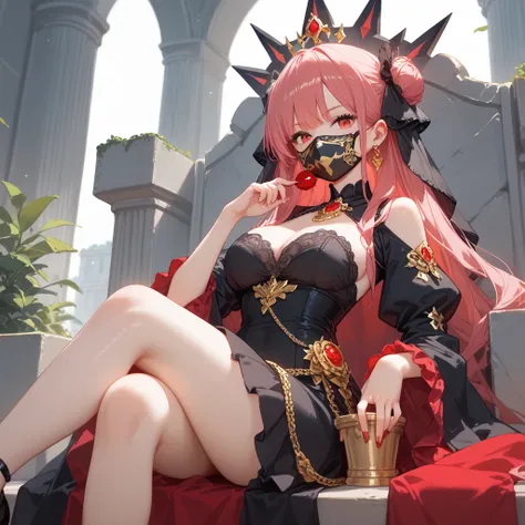  A girl sitting on a stone throne with runes , with reddish pink hair ,  blood-cold red eyes ,  wearing a black dress full of necklines and gold and ruby details,  calçada com um salto alto ,  an entirely gold crown ,   Using a black nuclear gás mask 