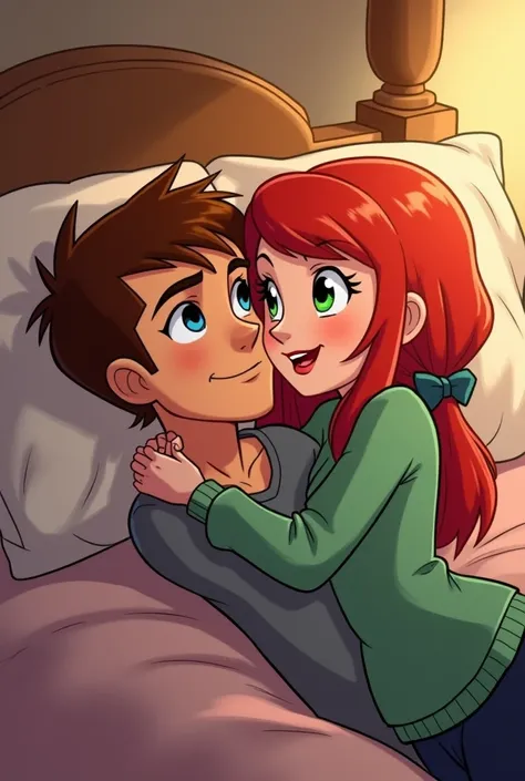 Gwen Tennyson original character cartoon style and Ben ten kissing on the bed