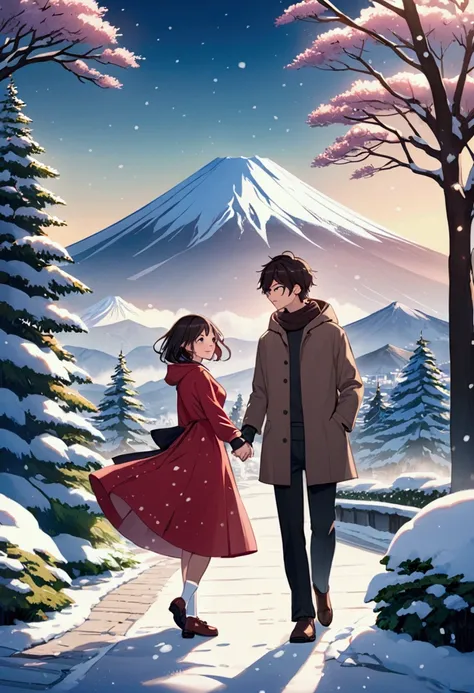 A magical winter scene featuring a young couple standing close together in the foreground on a snowy path with Mount Fuji in the background. The girl is wearing a red, knee-length dress with a flared design, waving gently in the breeze, paired with white s...