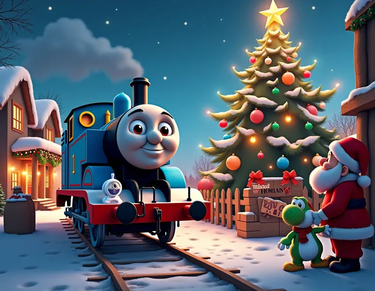 detailed and intricate illustration of Thomas the Tank Engine, Mario Bros characters, Santa Claus, Christmas village, Christmas tree, colorful lights, vibrant and highly detailed colors, cinematic lighting, 8k, photorealistic, masterpiece to hang on the do...