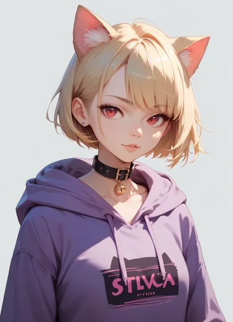  1 girl , solo, Blonde,  short cut , Cat ears, Red eyes, high definition ,  High Quality ,  simple background, Black collar,Purple hoodie