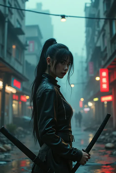 Movie poster of a beautiful Indonesian woman with ponytail hair cyberpunk holding a cyberpunk katana weapon in a city Ruins Cinematography 8KUHD hyper realist ultra 4HDNatural 