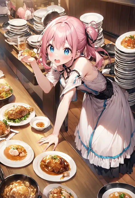  slips、 restaurant 、I was surprised to see 、 plates piled up after the meal and 、 pink haired girl、 blue eyes、 twin drill