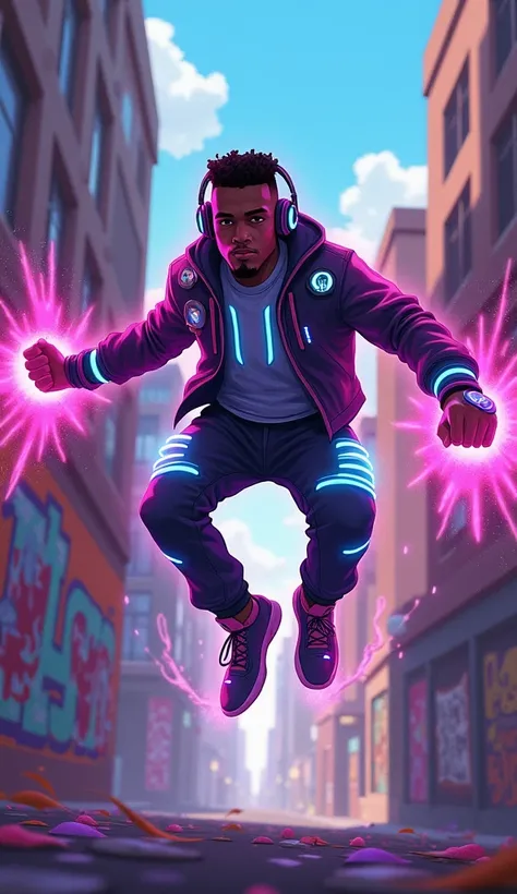 "A vibrant, young Nigerian superhero dressed in a futuristic streetwear-inspired suit with glowing soundwave designs in neon blue and pink. His outfit incorporates headphones and wrist-mounted devices emitting visible soundwaves, symbolizing his ability to...