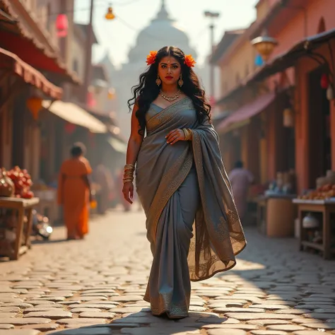 A graceful and confident Indian plus-sized woman walking elegantly on a cobblestone street, dressed in a grey sari with floral hair accessories. Her poised demeanor and flowing wavy hair make her stand out in the bustling environment. In the background, a ...