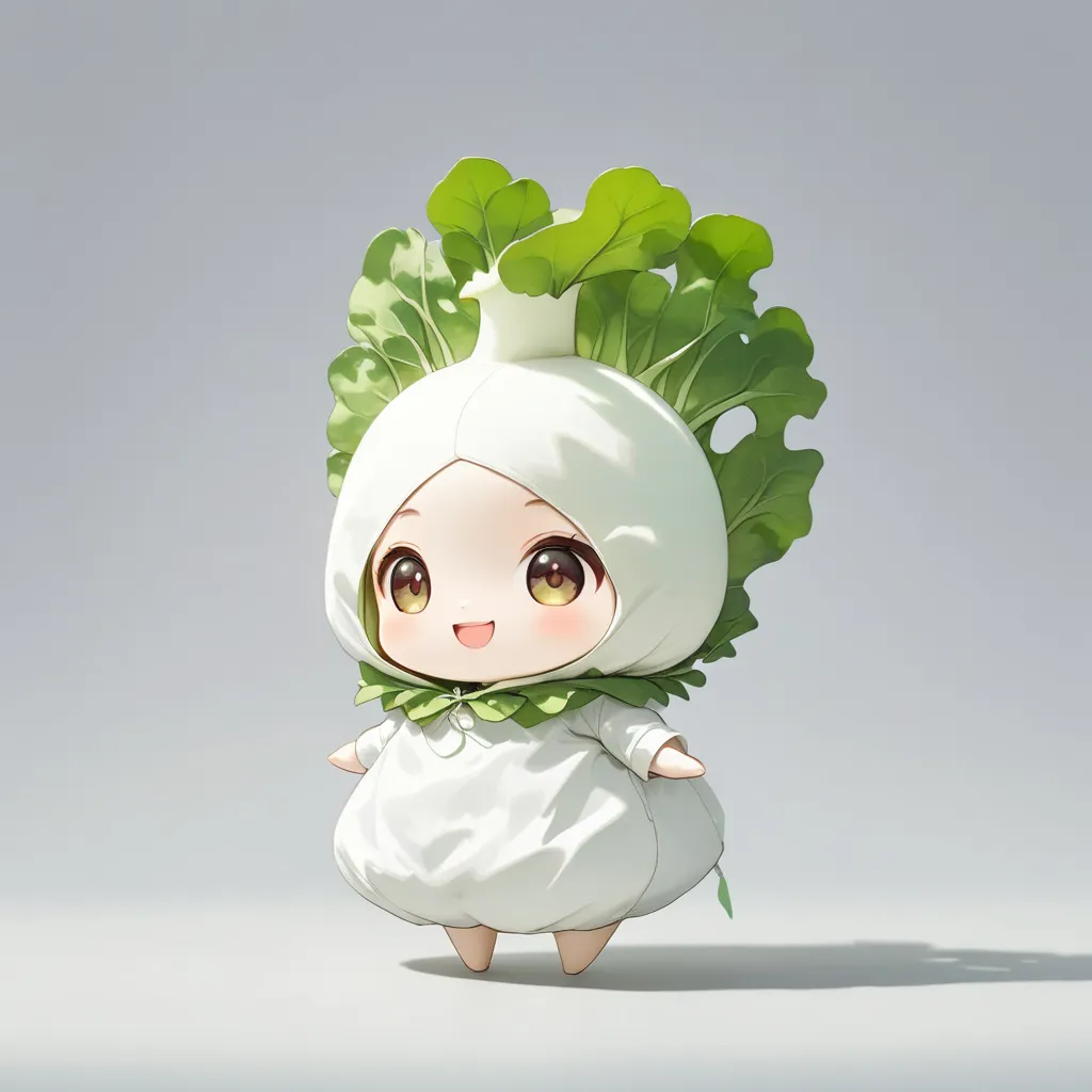 ultra-small deformation, chibi cute, 1girl, solo, wearing white radish costume, green leaves hair, smiling