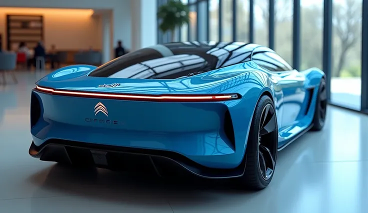 Generate an image of a sleek, pure blue back side view of Citroen DS21 electric sports car with a futuristic design.
>  * Slim, horizontal LED lights
>  * A prominent diffuser
>  * Citroen logo
>  * The word "DS21" displayed prominently
> Background: A pri...