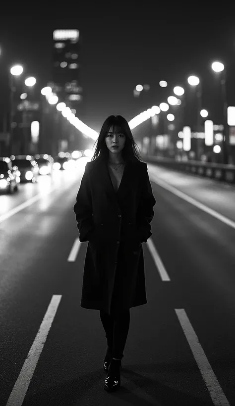 city at night,street photography, Asian woman walking alone facing camera on outskirts of crowded highway with car wearing black coat, city lights and twinkling car lights at Tokyo Japan

Shot with Leica M11 Monochrom and Summilux 35 mm f /1.4 lens. SS 1 /...