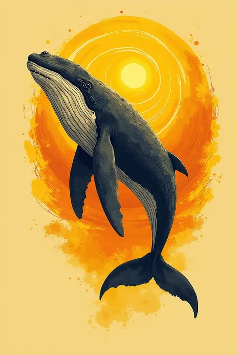 Whale on the background of sunflower color in ink graphic style