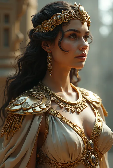 The goddess of wisdom and intelligence, head to breast, Greek military gears, highly technologically advanced and cybernetically enhanced. High Resolution, Masterpiece, Award Winning, Best Quality, High Details, High Quality, UHD, Optical Illusion, Impress...