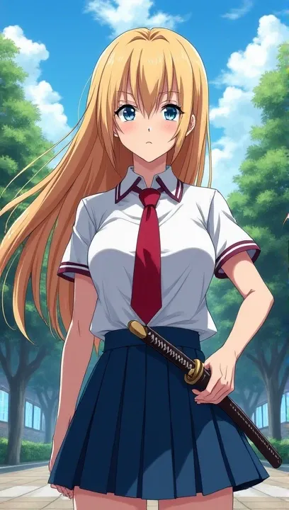  highest quality ,  very detailed , masterpiece,  anime style . An 18  ( long blond hair , blue eyes)  wearing a Japanese uniform with a red tie and a blue skirt, She has a katana wrapped around her waist ,  she has a cold and serious expression .  She is ...