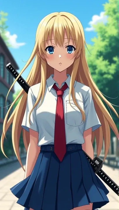  highest quality ,  very detailed , masterpiece,  anime style . An 18  ( long blond hair , blue eyes)  wearing a Japanese uniform with a red tie and a blue skirt, She has a katana wrapped around her waist ,  she has a cold and serious expression .  She is ...