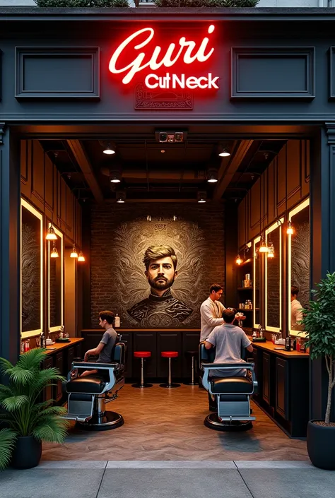  A stylish barbershop called  " Guri Cut Neck ",  with a striking façade in shades of black and red ,  highlighting the name in a stylized font with a slight vintage touch .  The interior is decorated with industrial elements :  exposed brick walls ,  deta...