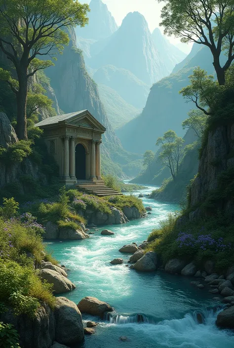 Water flowing through mountain in the forest and a tomb