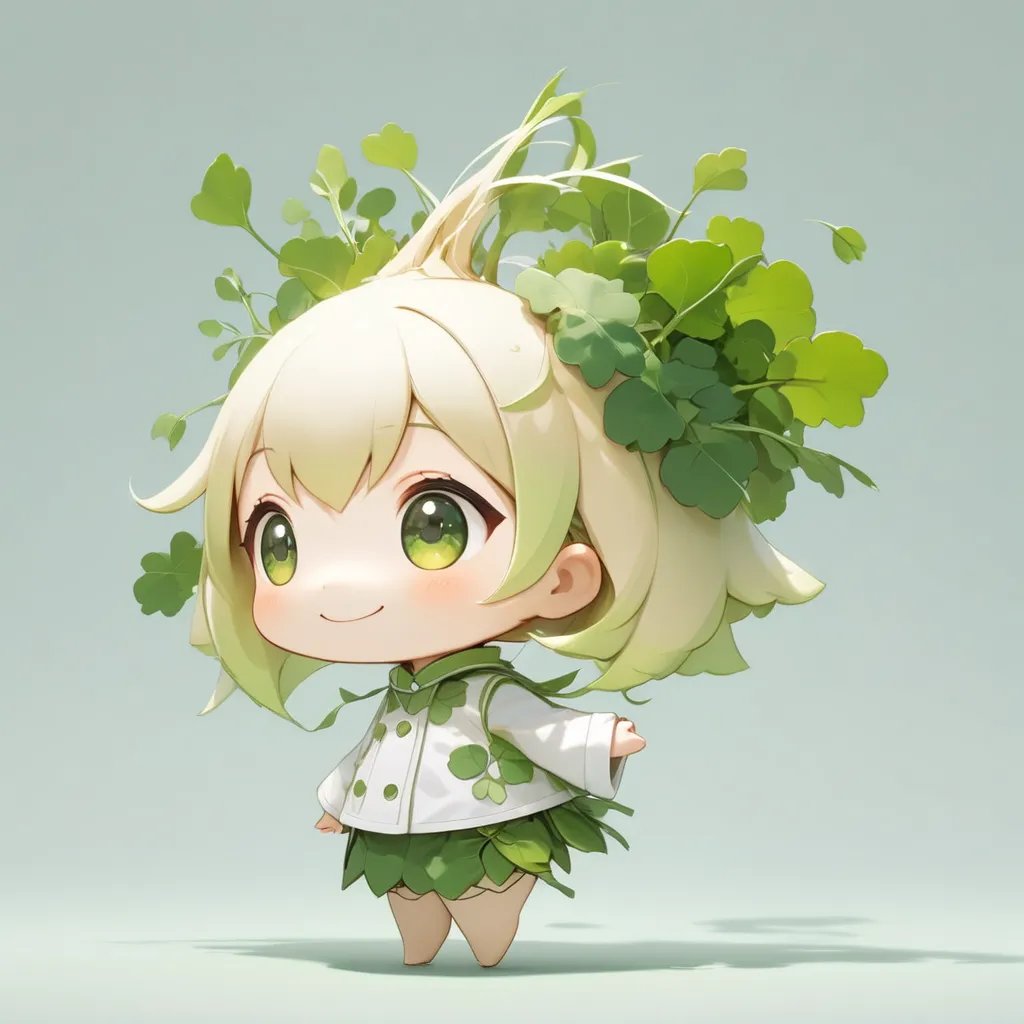 ultra-small deformation, chibi cute, 1girl, solo, daikon girl, green leaves hair, smiling