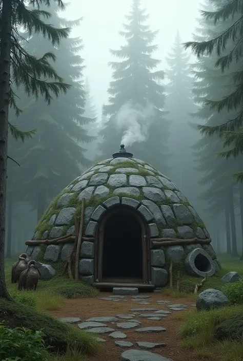 create me a tribal house from the stone age in the foggy taiga forrest