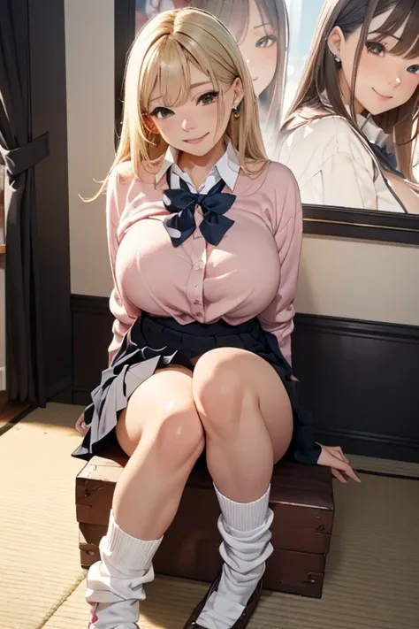 masterpiece,best quality,ultra highres,8k resolution,realistic,ultra detailed,sharp focus,RAW photo,1girl,solo:1.2,
beautiful lady,large breasts,Small waist,complete body,
school uniform, baggy pink knit sweater, white collared-shirt, yellow ribbon on neck...