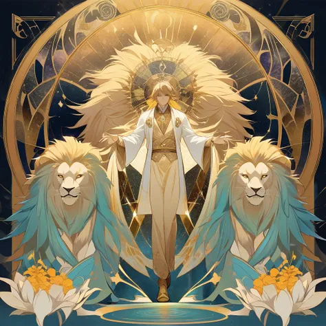 "Please create an image in the style of an Alphonse Mucha poster. The layout should resemble a mystical fortune-telling card with a calm and mysterious color palette. The image should include elements such as the Gladiolus flower, the gemstone Peridot, the...