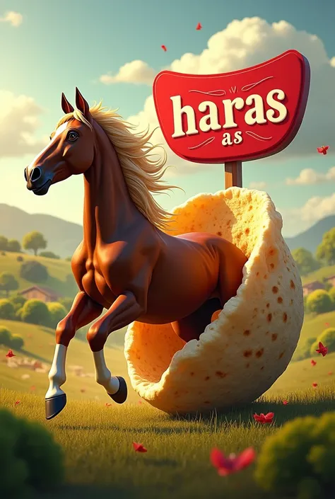  generates an image of a tortilla real horse inside a farm or farm with the red logo written on it "HARAS AS ". The site colors are red and white 