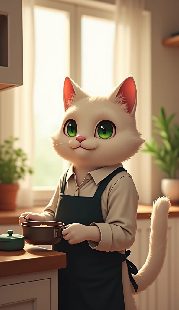  realistic digital illustration of an anthropomorphic cat with white fur ,  green eyes,  cooking in a modern and elegant kitchen . The cat is standing ,  wearing a white shirt and black apron ,  with a calm expression while holding a pot.  gentle morning l...