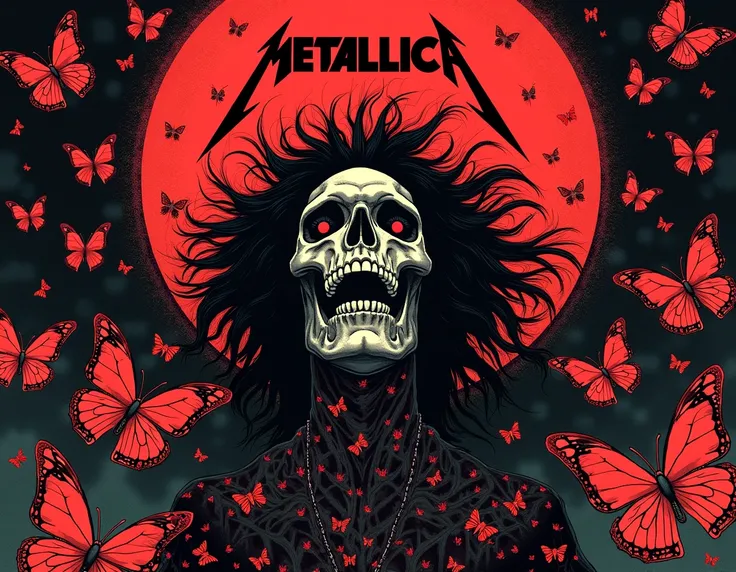 " A psychedelic and surreal rock concert poster inspired by Metallica posters.  The design features a figure with a skull face and loose hair ,  surrounded by red and black butterflies ,  on a detailed and intricate background with geometric patterns .  Th...