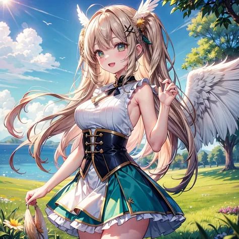 (( best quality)), ((masterpiece)), (  Details), ( ultra high resolution)、 cute girl、 very young 、solo、
( light brown long hair、Feather hair ornament)、Green Eyes、 Big Breasts 、
 perfect face、超 Detailsな肌、(Perfect Fingers、Perfect hands)、 perfect body for a l...