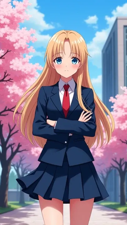  highest quality ,  very detailed , masterpiece,  anime style . An 18  ( long blond hair , blue eyes)  wearing an elite uniform with a red tie and a short blue skirt,  with a cold expression and it would be ,  with arms crossed .  She is in the schoolyard ...