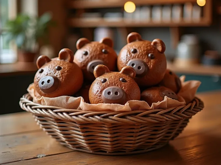 A basket of chocolate buns with pig faces, fresh on the store counter, cozy atmosphere