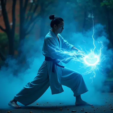 (artwork), (masterpiece), (best quality), Raw, 8K, masterpiece, photography, Hanfu, extremely sharp focus, intricate details, a stunning man in practicing martial art, he spread his hand and struck forward, his hand seemed to emit a bright, transparent blu...