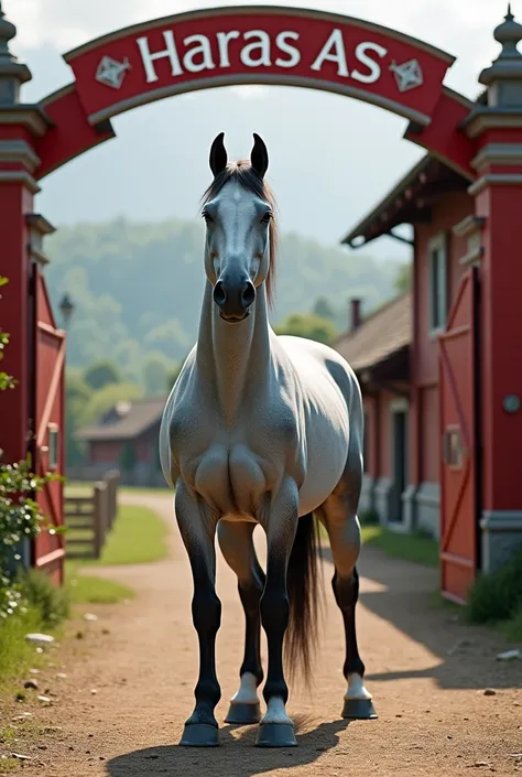  a tordillo royal horse in front of a farm with the red logo written on it "HARAS AS " At the front gate of the Haras . The site colors are red and white .  style realism