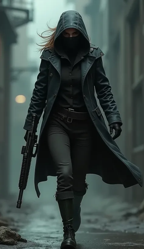 a masked woman with a gun on her shoulder walking forward