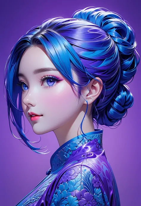 The image depicts a person with vibrant blue hair styled into two intricate buns. The hair is glossy and well-textured, showcasing the depth and richness of the color. The individual is wearing a purple shirt that matches the hair color, adding to the cohe...