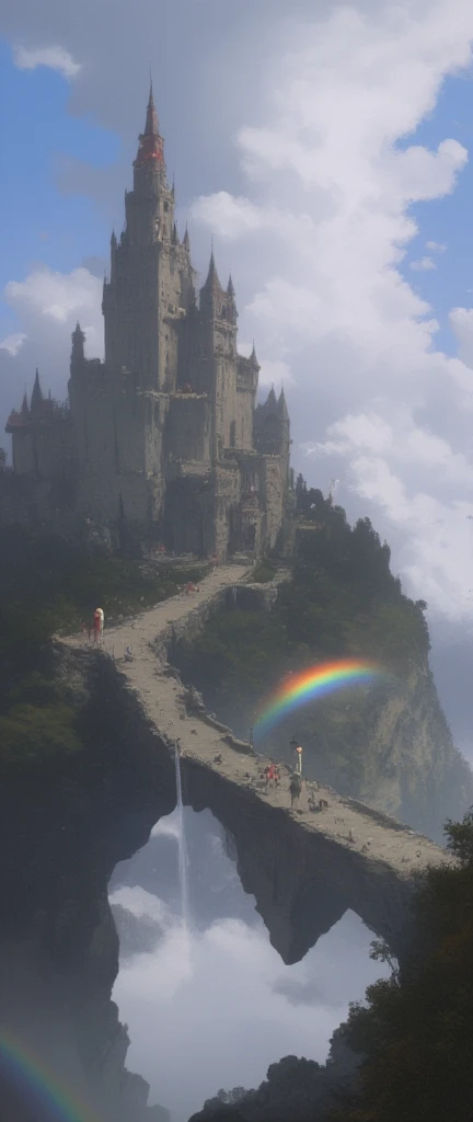 very old bridge(floating in the sky, on the verge of breaking down, stretches far away to castle from the foreground) connected to an ancient castle floating in the sky. in the very deep thick fog and very deep thick haze. Dazzling light pours down from th...