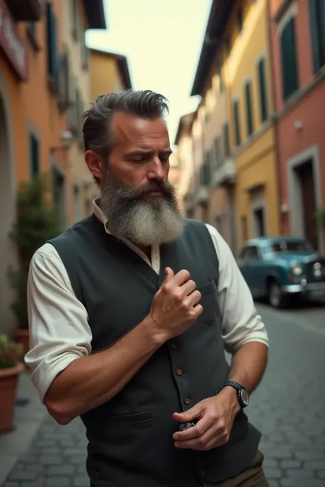 Homem 
Passing beard oil on the beard
In the region of Italy 
With a vintage look 