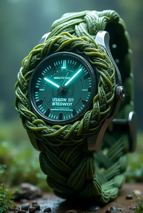  The watch on the strap is made of giant kelp braids, The display is electronic ,  and shows the minutes seconds and thousandths 