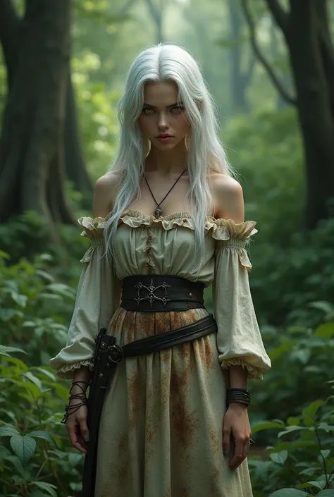 Beautiful girl about 19 years old with white hair and yellow eyes, is in the forest,vestida de mediaval de ropas sucias,  realistic digital art, Her expression is one of anger  